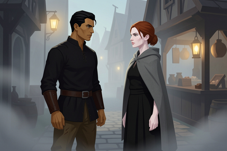 A hooded woman and a dark-clad traveler face each other in a fog-bound market street at dusk