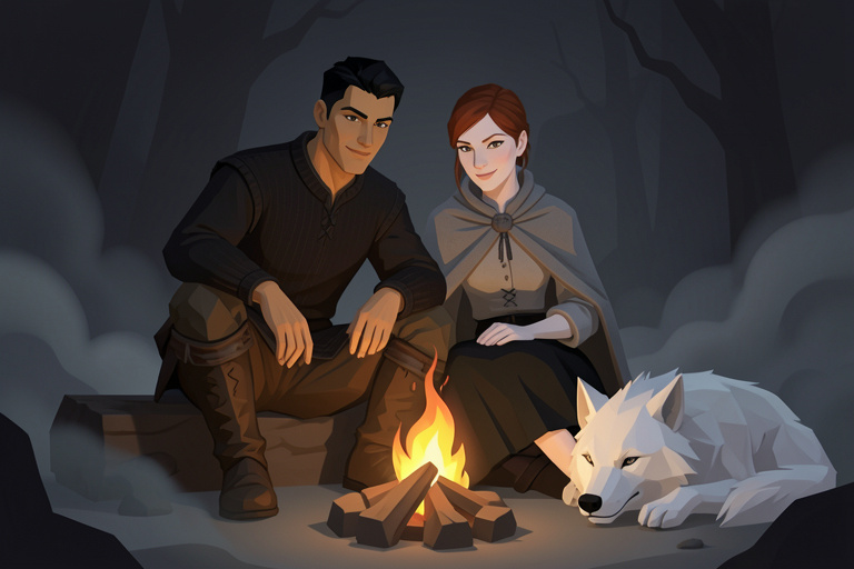 The pair rest beside a campfire in a sheltered cave, a white wolf curled at their side