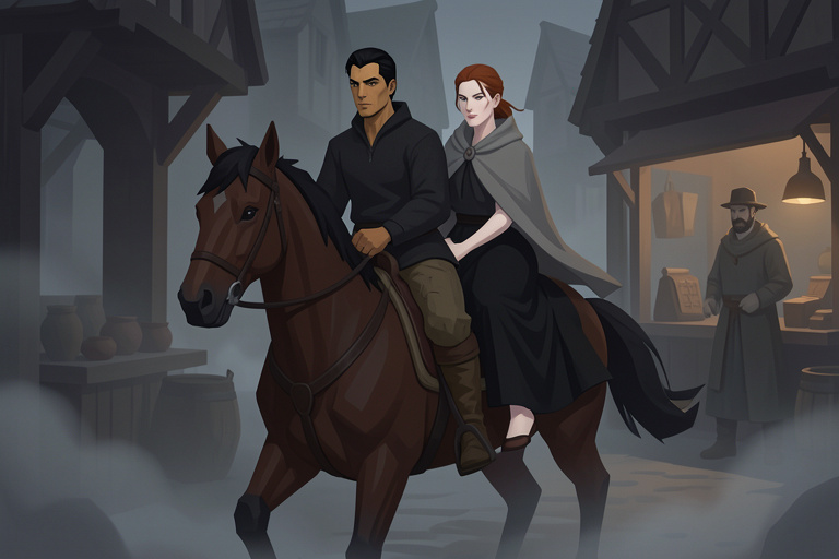 The traveler and the woman ride a single horse through the misty town as a cloaked figure watches